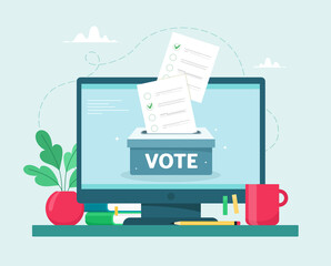Online voting concept.Ballot box on a computer monitor. Vector illustration in flat style. - obrazy, fototapety, plakaty