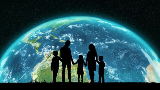 A Silhouette of a Family Watching of an Spinning Earth During Traveling by Solar System. A Close Up of Earth Rising Over the Horizon on Sky Up.Flying Into the Infinite Universe. A Star Is Born
