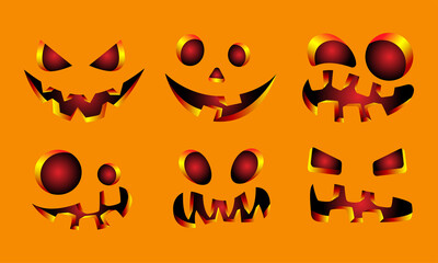 Collection of Halloween pumpkins carved faces silhouettes.