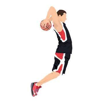 Professional basketball player shooting ball into the hoop, vector illustration. Slam dunk shooting technique