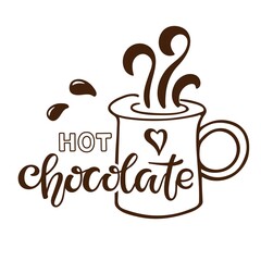 Hot Chocolate lettering sign. Text with cocoa mug isolated on white background. Hand written brush lettering. Menu or signboard template for confectionery and coffee shop. Christmas doodle sketch.