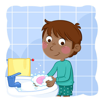 recommend clip art:  Washing hands - Kids and hygiene - Daily routine of a little black boy with dark brown hair	