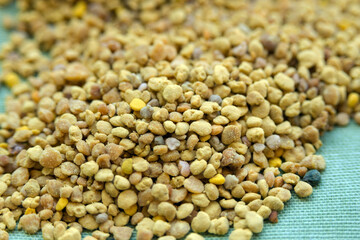Bee pollen. A valuable and useful beekeeping product and a natural antiseptic. Closeup. Blurred.