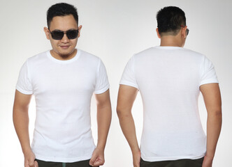 Young Asian male in blank t-shirt, front and back view, isolated oon white. Design men shirt mock up template or print