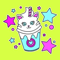 VECTOR ILLUSTRATION OF A VANILLA CREAM MILK SHAKE, ILLUSTRATION OF A CAT FACE INSIDE A DRINK, SLOGAN PRINT VECTOR