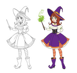 Beautiful anime witch holding magic wand. Hand drawn vector illustration