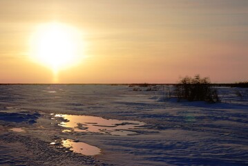 Fototapeta na wymiar The beautiful evening sun sets over the horizon and illuminates the winter steppe.