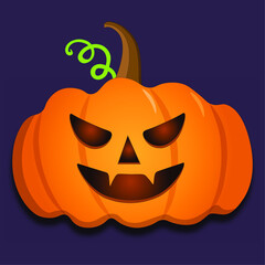 red evil smiling halloween pumpkin on a purple background
