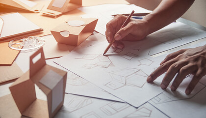 Designer sketching drawing design Brown craft cardboard paper pr