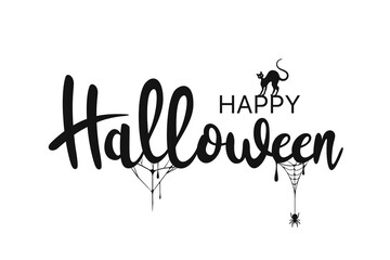 Happy Halloween lettering. Handwritten calligraphy with spider, cat and spider web for greeting card, poster, banner, flyer and invitation. Happy Halloween text, spooky background