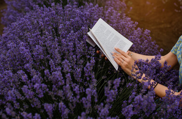 Close up of a young woman reading a book in the lavender field