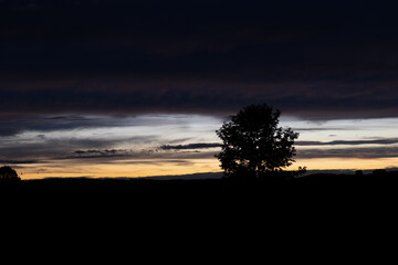 Eine Mischung aus Landschaft und städtischer Umgebung bei Stuttgart, Deutschland während einem abendlichen Sonnenuntergang.