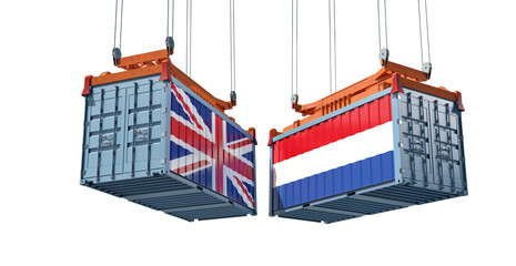 Freight containers with United Kingdom and Netherlands flag. 3D Rendering 