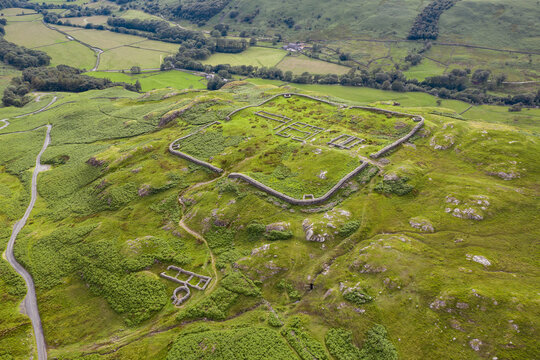 Aerial of Hardknott Roman Fort is an archeological site, the remains of the Roman fort Mediobogdum, located on the western side of the Hardknott Pass in the English county of Cumbria