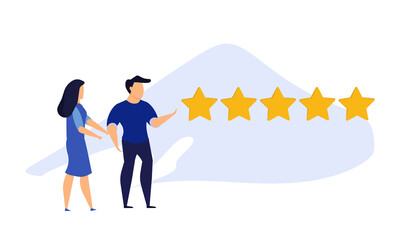 Customer review five star choice vector illustration satisfaction man and woman. Concept business success feedback good quality service. Best rate background experience vote client banner. Award like