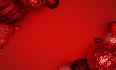 Red background with 3D rendering of shiny balls or baubles with patterns as frame or border around blank copy space with room for text or images. Great for holiday backdrops, banners and promotions.