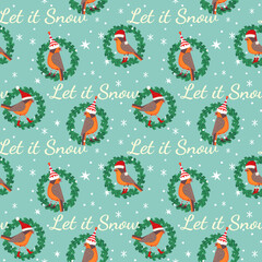 Hand drawn cute birds Christmas seamless pattern