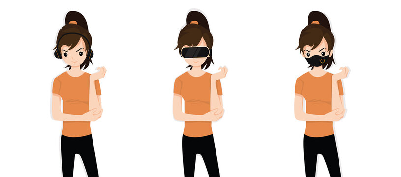Women covering ears with headphones, eyes with VR device and mouth with protection mask as looking like the three wise monkeys. Don't hear, don't see and don't speak concept. Vector illustration