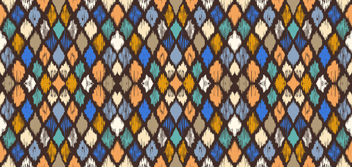 Ikat geometric folklore ornament with diamonds. Tribal ethnic vector texture. Seamless striped pattern in Aztec style. Folk embroidery. Indian, Scandinavian, Gypsy, Mexican, African rug.