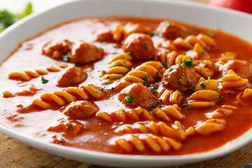 Italian tomato soup with meatballs and noodles