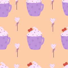 Cute valentines day pattern for wrapping paper. Bright vector illustration with latte and candy.