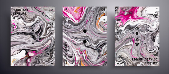 Abstract vector banner, texture set of fluid art covers. Beautiful background that can be used for design cover, invitation, flyer and etc. Gray, pink and golden unusual creative surface template