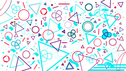 Abstract geometric vector design, seamless wallpaper creative illustration. Artistic geometric abstract icons of azure bright blue, pink and purple color. Simple memphis style on white background