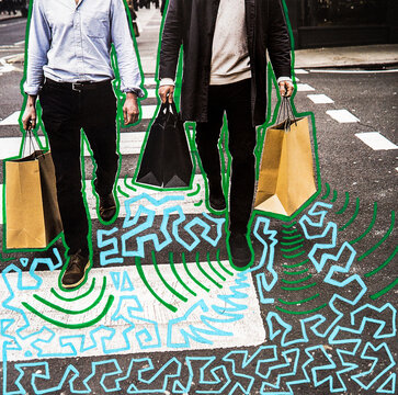 Anonymous shoppers with drawings mixed media illustration