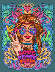 hippie girl poster - obrazy, fototapety, plakaty