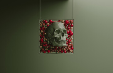 Human Skull looking to the light in a dark room.