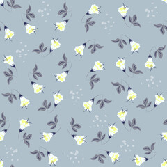 Fototapeta na wymiar Simple vector floral seamless pattern. Abstract background with small flowers, leaves. Liberty style wallpapers. Ditsy texture. Folk style painting. Blue color. Repeat design for decor, textile, print