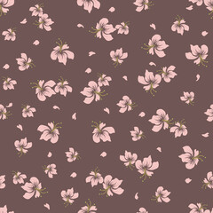 Simple vector floral seamless pattern. Abstract background with small flowers, petals. Liberty style wallpapers. Elegant ditsy texture. Pink and brown color. Repeat design for decor, textile, linens