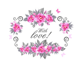 Obraz na płótnie Canvas Beautiful floral frame with pink flowers. With love. Vector illustration