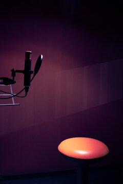 Microphone and seat in radio recording studio