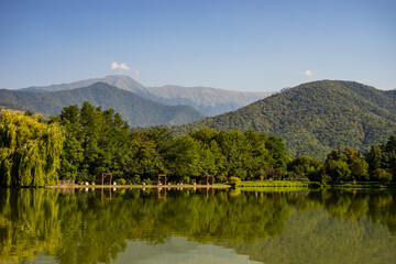 Lopota lake with reflection of mountains