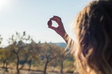 Hand holding organic almond