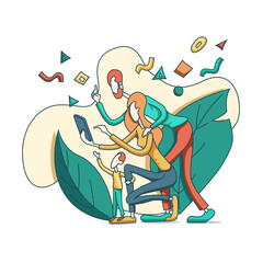 flat vector image on white background, parents and child with smartphone, parental control