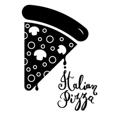 Italien pizza logo with hand written text. Lettering logo, label, badge. Emblem for fast food restaurant, cafe. Vector illustration isolated on white background.