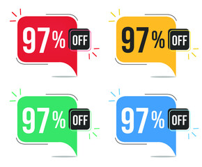 97% off. Red, yellow, green and blue tags with ninety-seven percent discount. Banner with four colorful balloons with special offers vector.