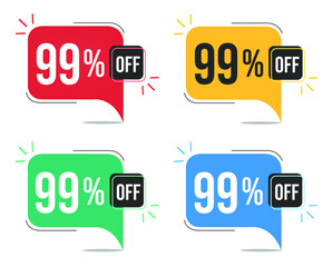 99% off. Red, yellow, green and blue tags with ninety-nine percent discount. Banner with four colorful balloons with special offers vector.
