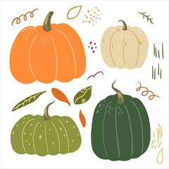 Cute pumpkins flat hand drawn vector illustration. Colorful collection in scandinavian style. Autumn vegetables harvest sketches elements set for design, print, wrapping, decor, card, sticker, banner.
