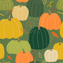 Cute pumpkins flat hand drawn vector seamless pattern. Colorful wallpaper in scandinavian style. Autumn harvest sketches background for original design, prints, wrapping, textile, fabric, decor, card.