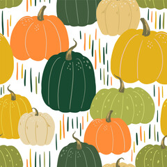 Cute pumpkins flat hand drawn vector seamless pattern. Colorful wallpaper in scandinavian style. Autumn harvest sketches background for original design, prints, wrapping, textile, fabric, decor, card.