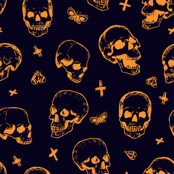 Seamless pattern of scary human skulls. Hand drawn vector wallpaper in abstract engraving style. Halloween vintage colored background for design, prints, wrapping paper, textile, fabric, decor, cards.