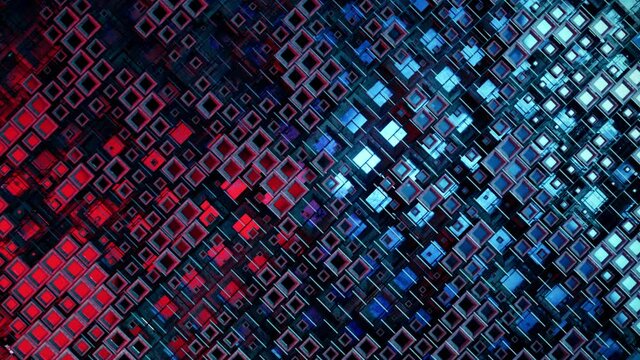 3D animation of colorful glass rows of cubes floating through the prog in 4K