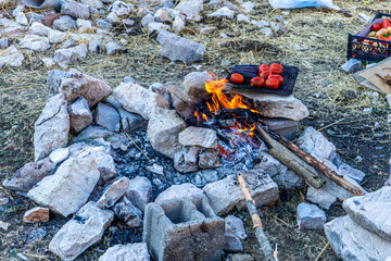campfire for barbecue at the camp of Tahtali mountain, Kemer, Turkey