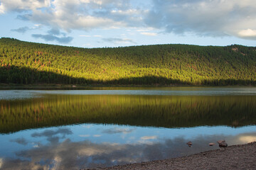 reflection of trees and clouds in the water in Montana 