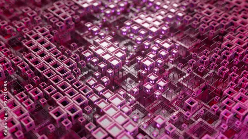 Poster 3d animation of colorful glass rows of cubes floating through the prog in 4k, creating an abstract g