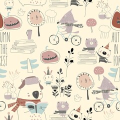 Seamless pattern with cute animals in autumn forest