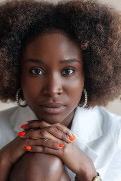 Indoor studio closeup fashion sensual portrait of beautiful black skin african woman